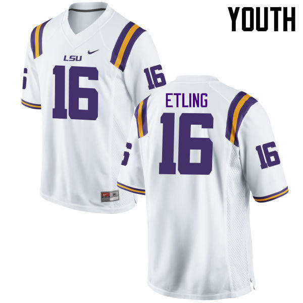 Youth LSU Tigers #16 Danny Etling College Football Jerseys Game-White
